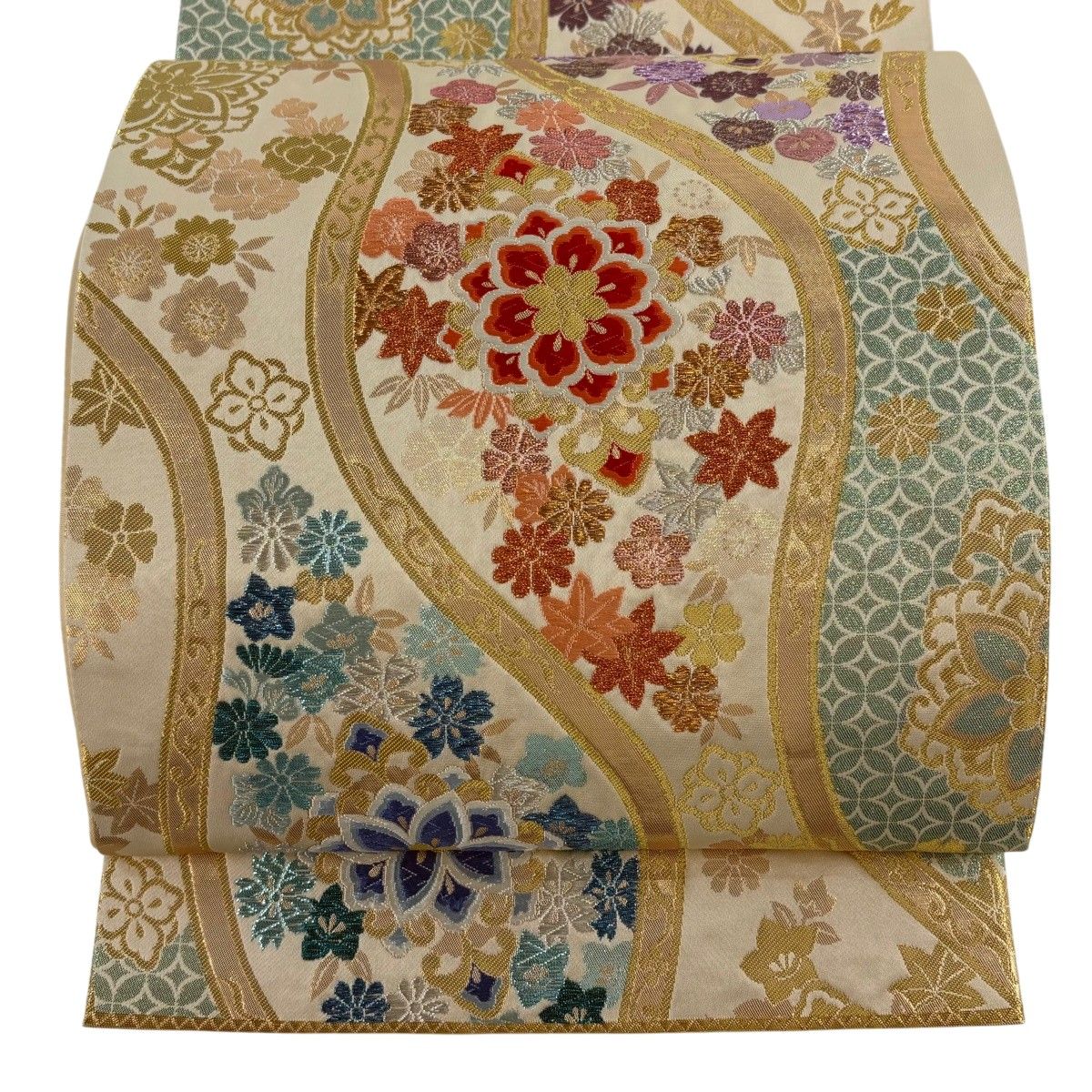 美品】 袋帯 秀品 立涌 華文 金銀糸 唐織 ベージュ 六通 正絹 【中古 