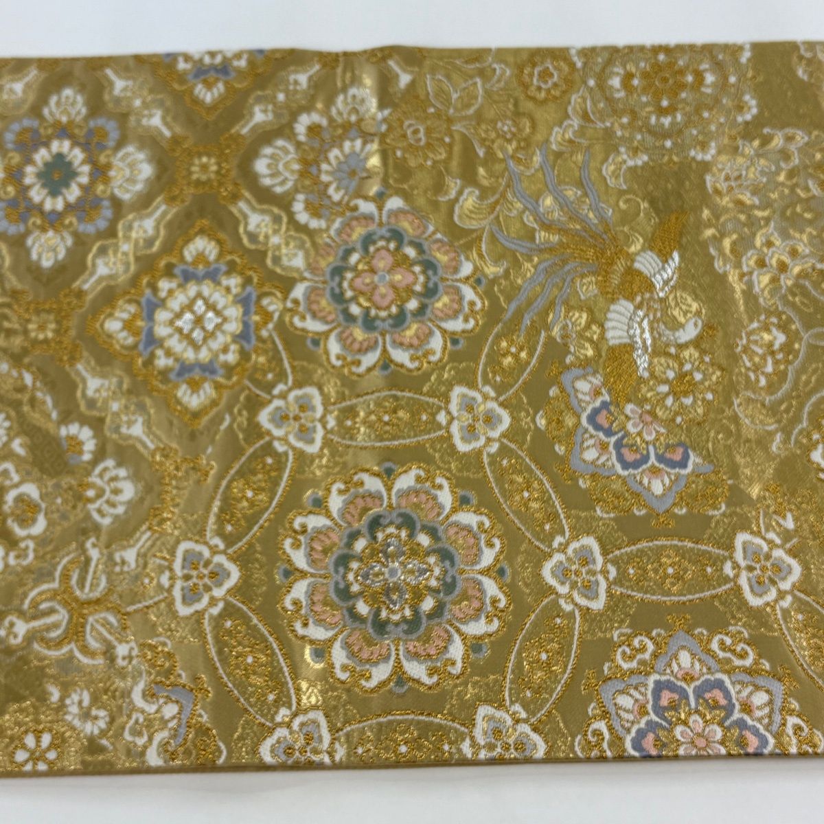 美品】 袋帯 秀品 華文 尾長鳥 金銀糸 箔 金色 お太鼓柄 正絹 【中古