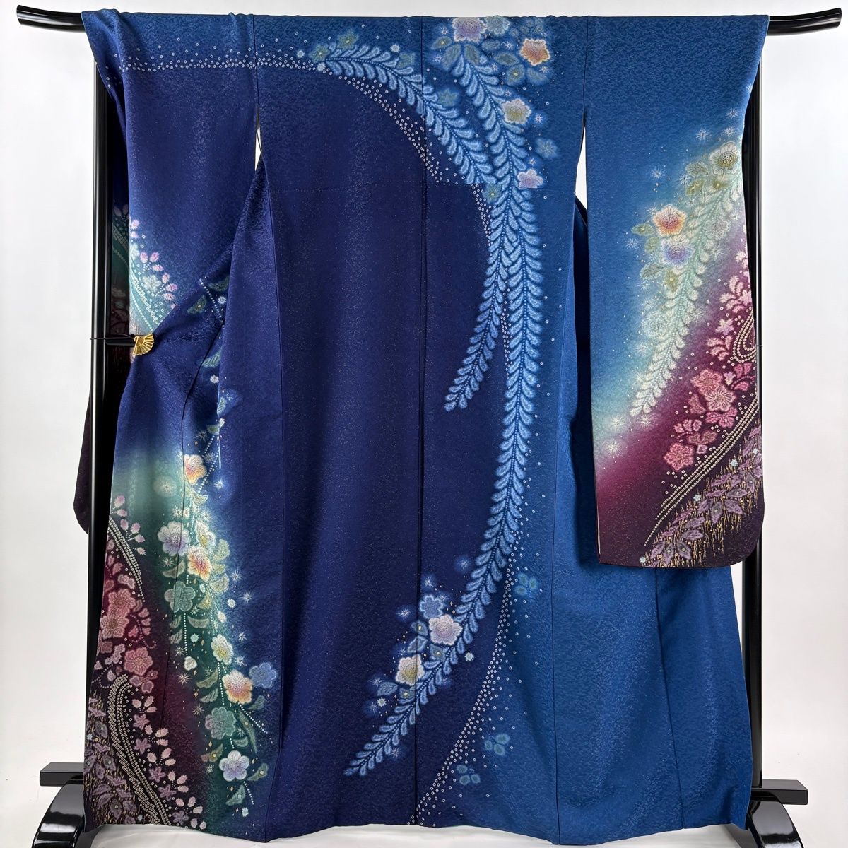 美品】 振袖 身丈166cm 裄丈69cm L 袷 辻が花柄 金通し 絞り 紺色 正絹