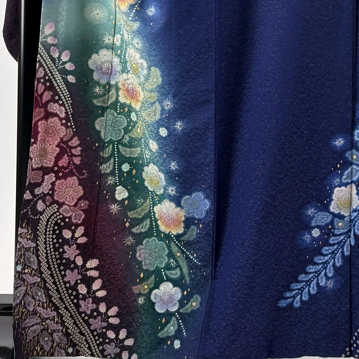 美品】 振袖 身丈166cm 裄丈69cm L 袷 辻が花柄 金通し 絞り 紺色 正絹