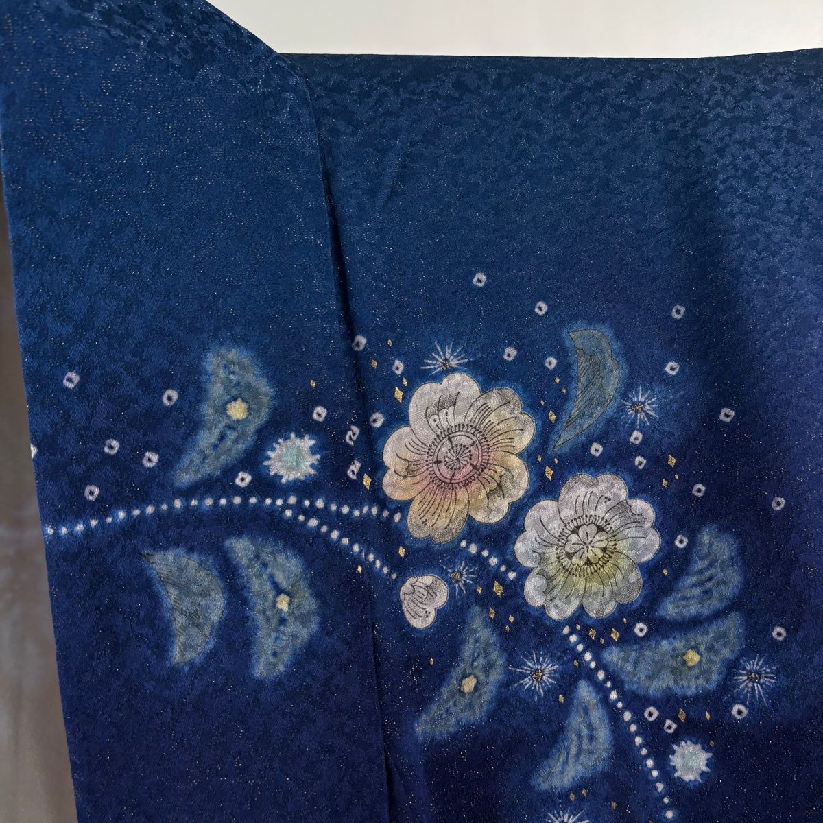 美品】 振袖 身丈166cm 裄丈69cm L 袷 辻が花柄 金通し 絞り 紺色 正絹