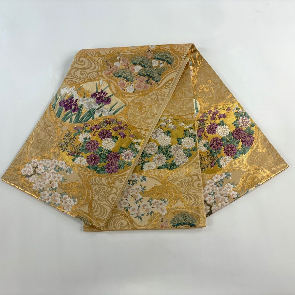 美品】 袋帯 逸品 じゅらく 落款 帝王紫 菊 松梅 金糸 箔 金色 六通