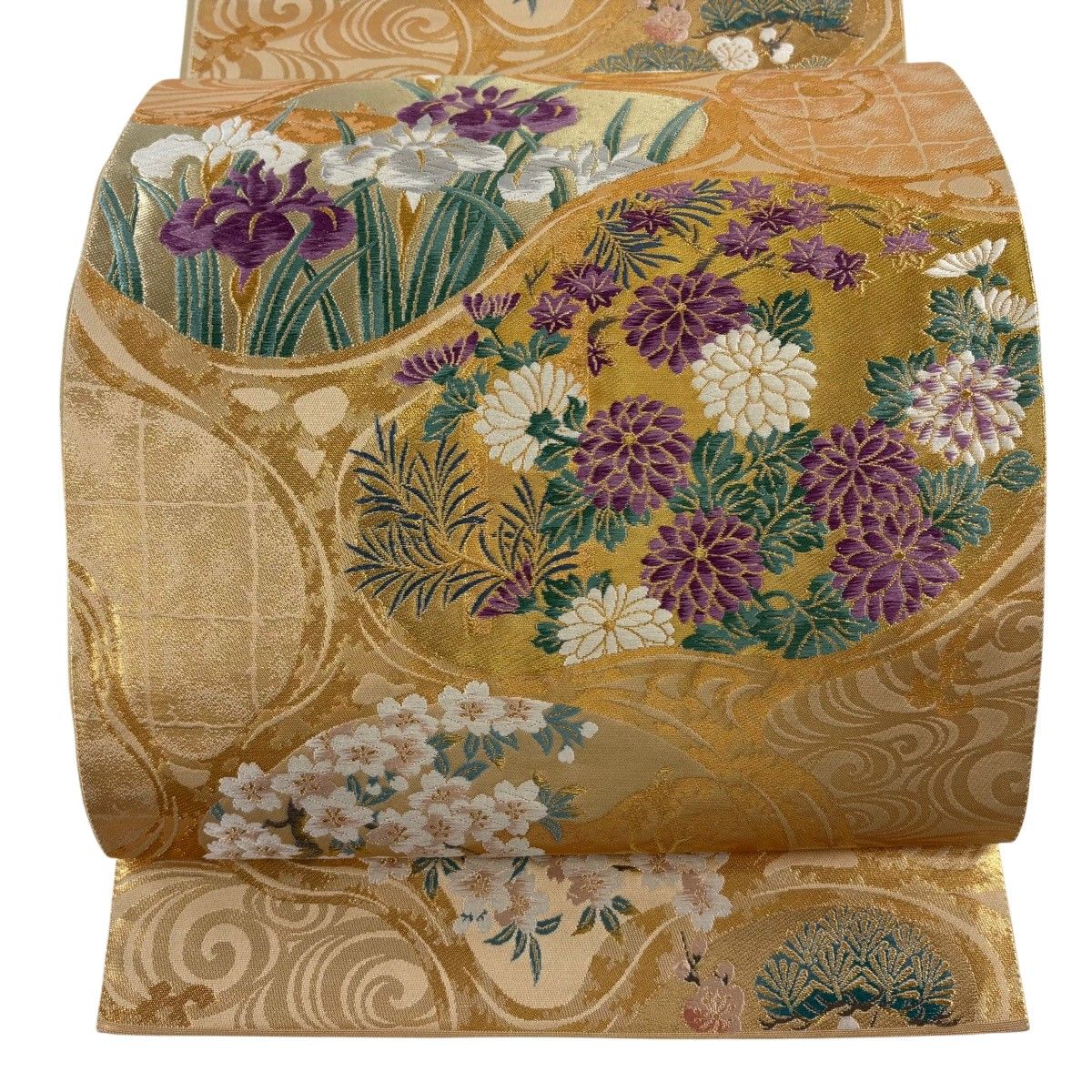美品】 袋帯 逸品 じゅらく 落款 帝王紫 菊 松梅 金糸 箔 金色 六通