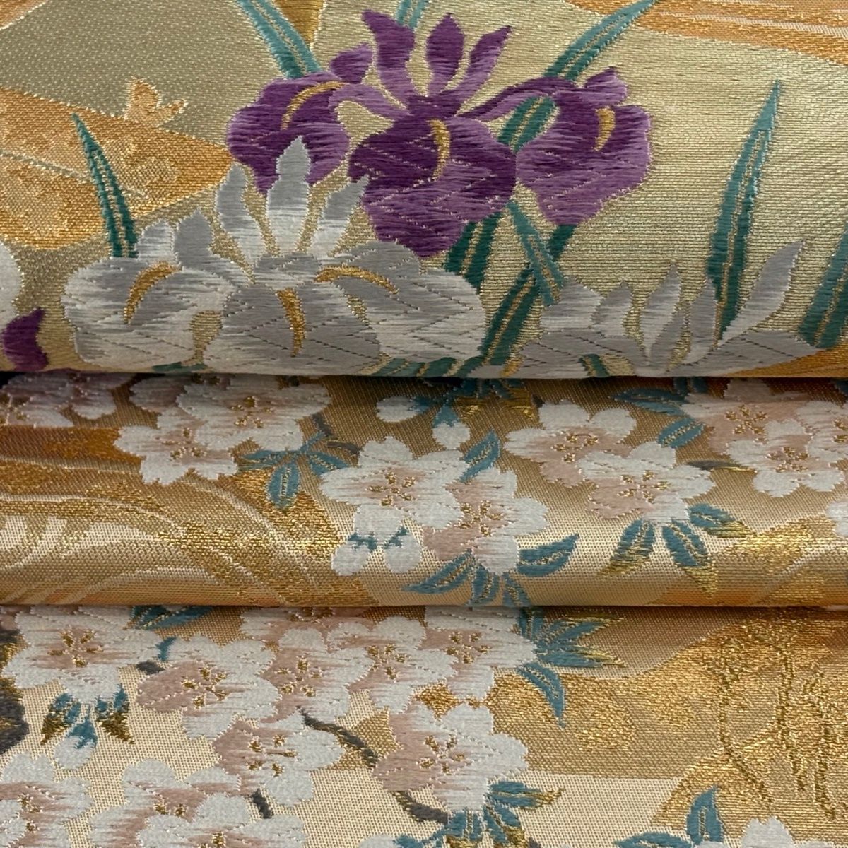 美品】 袋帯 逸品 じゅらく 落款 帝王紫 菊 松梅 金糸 箔 金色 六通