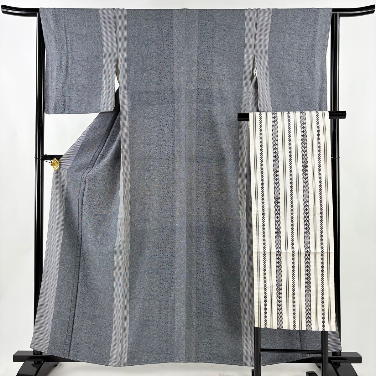 美品】 江戸小紋 身丈160cm 裄丈64cm M 袷 名古屋帯セット 梅 縞 青