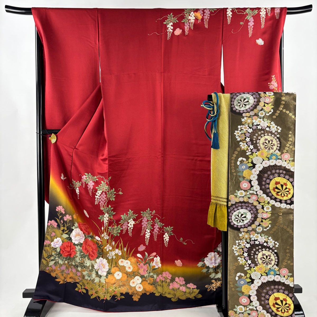 美品】 振袖 身丈167cm 裄丈68.5cm L 袷 袋帯フルセット 牡丹 蝶 金彩