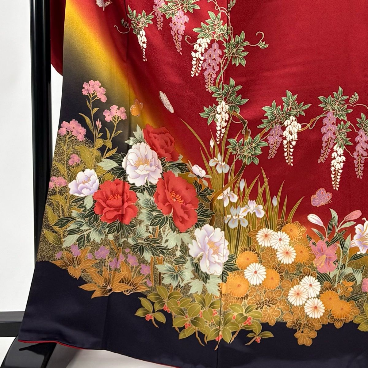 美品　蝶 金銀彩 染分け 赤 正絹 秀品 振袖7点セット　振袖セット　成人式 美品】 振袖 身丈167cm 裄丈68.5cm L 袷 袋帯フルセット 牡丹 蝶 金彩