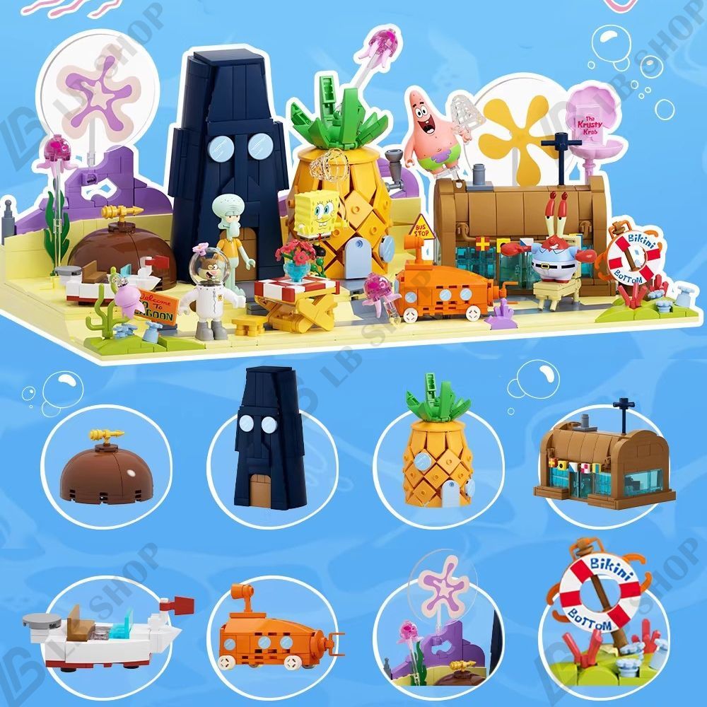  ハッピービーチ模型 スポンジ ボブ パトリック スター モデル ブロック 積み木 展示ボックス付き 雰囲気ライト type c充電 フィギュア 付き 組み木 子供 男の子 女の子 教育玩具 知育 パッチワーク おもちゃ その他 ブロック玩具
