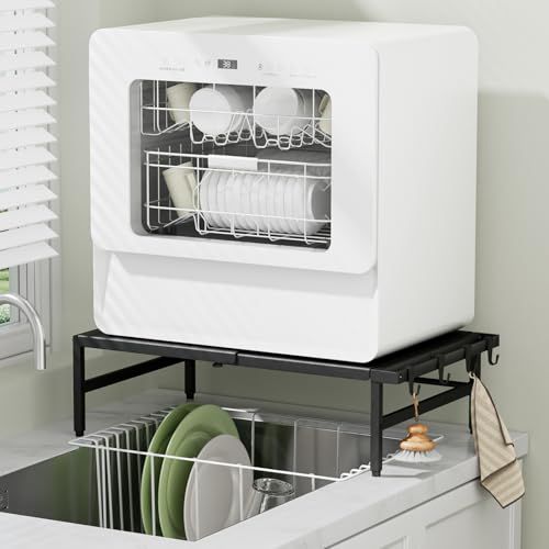 TKUIN 食洗機 ラック W 38?60 D 36 H 17 cm 伸縮食洗器ラック 棚 シンクに渡せる 食洗機台 高耐荷重60 kg 頑丈 安定 食器洗い乾燥機 置き台 段差対応アジャスター付き 滑り止め フック 付き 布巾や引っ掛け収納 シンクサイド シンク m