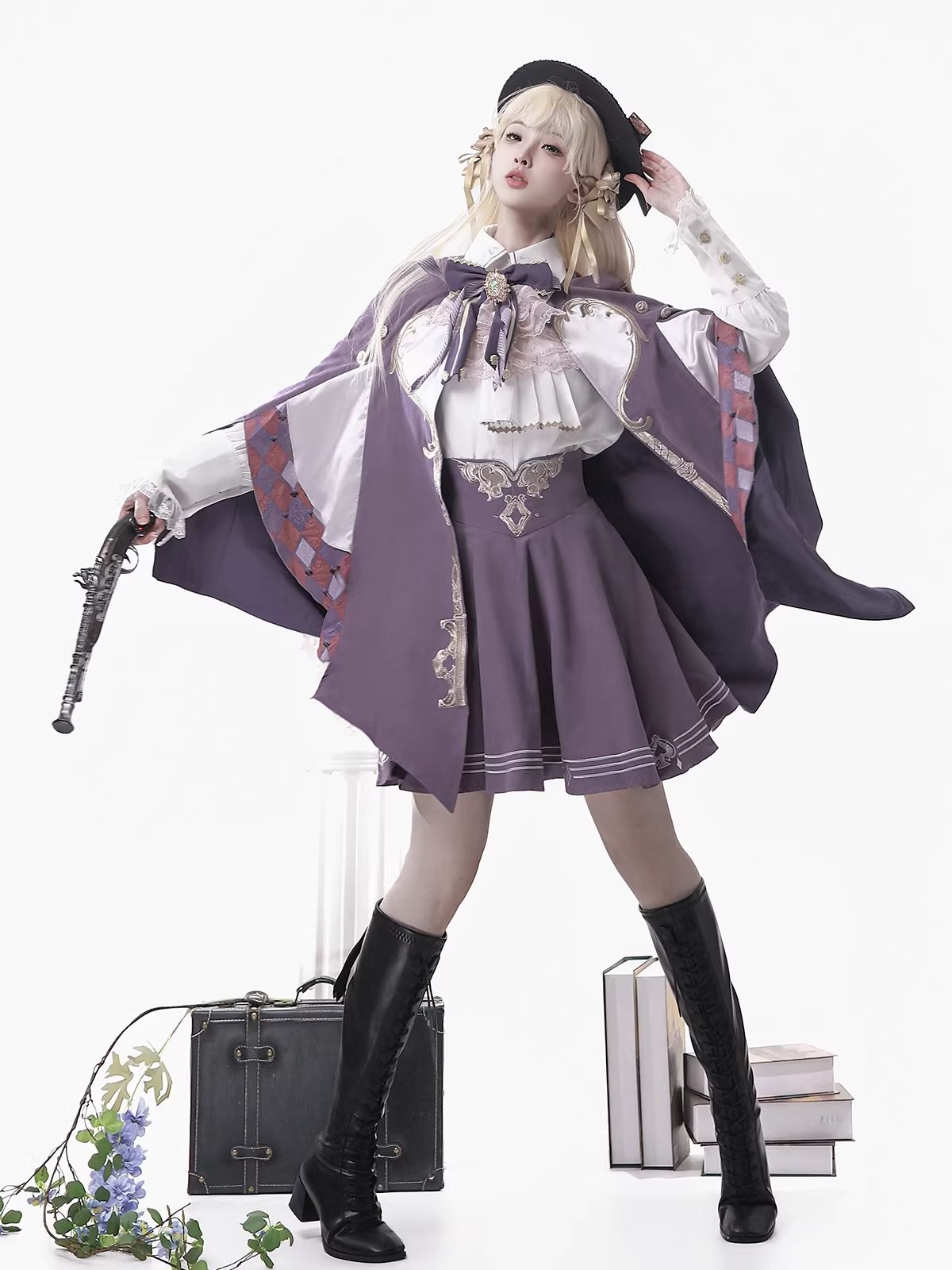 紫色 コスプレ衣装 中世 ゴスロリ ロリータ衣装 上品 洋装 学園風 ケープ付き 3点セット ロリィタ ステージ