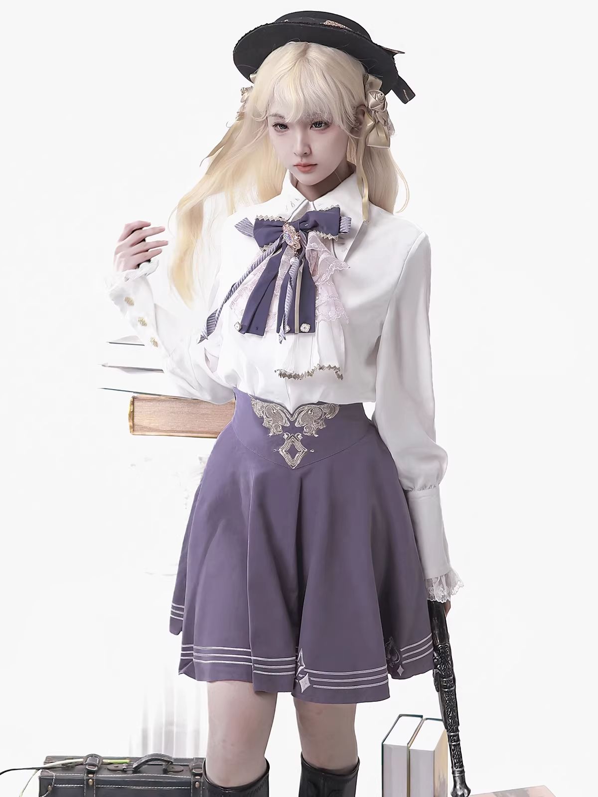 紫色 コスプレ衣装 中世 ゴスロリ ロリータ衣装 上品 洋装 学園風 ケープ付き 3点セット ロリィタ ステージ