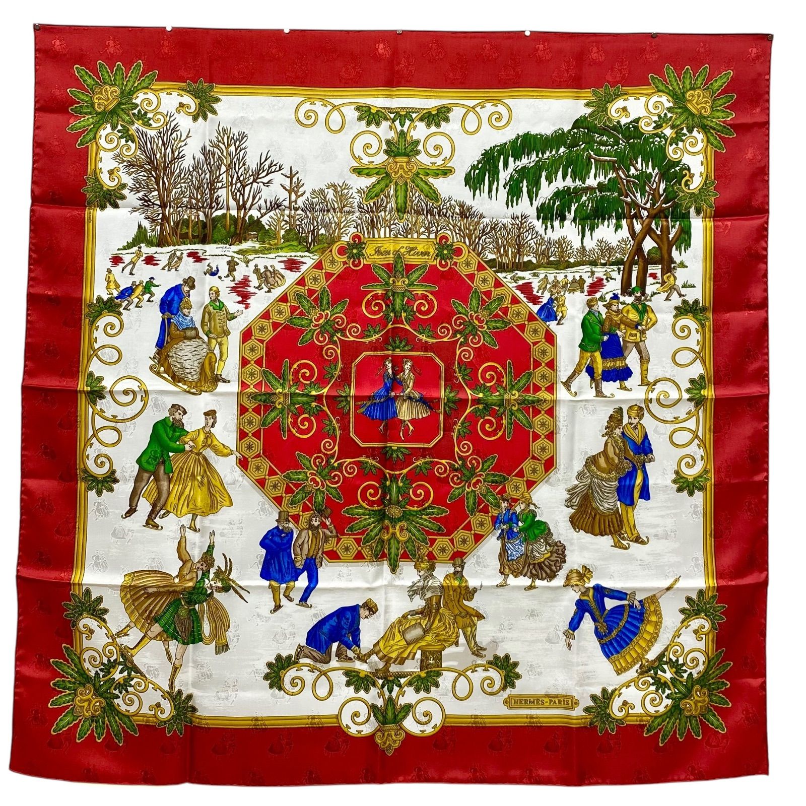 エルメス カレ90 Joies d'Hiver シルクスカーフ 冬の愉しみ レッド