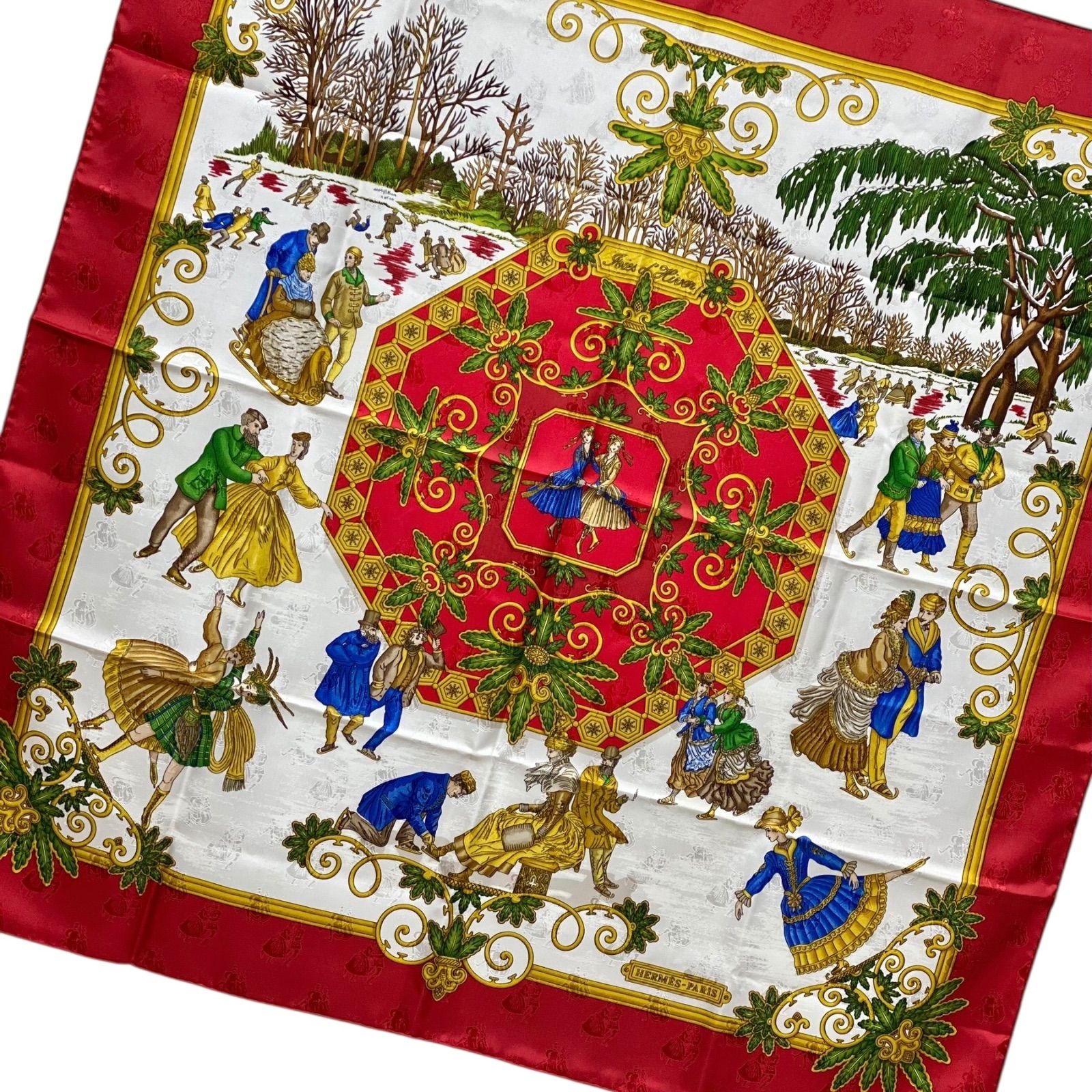 エルメス カレ90 Joies d'Hiver シルクスカーフ 冬の愉しみ レッド