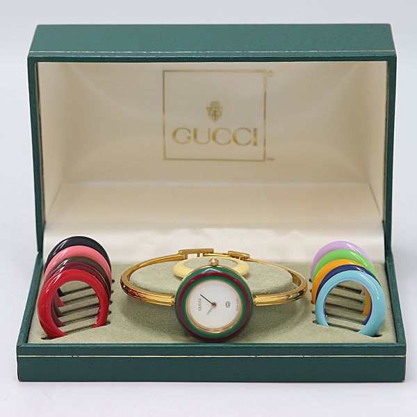 箱付 稼働 良品 グッチ 11/12 チェンジベゼル QZ ホワイト文字盤