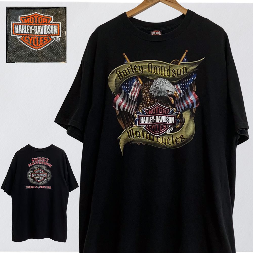 ハーレーダビッドソン Tシャツ harleydavidson イーグル 星条旗 黒 XL 