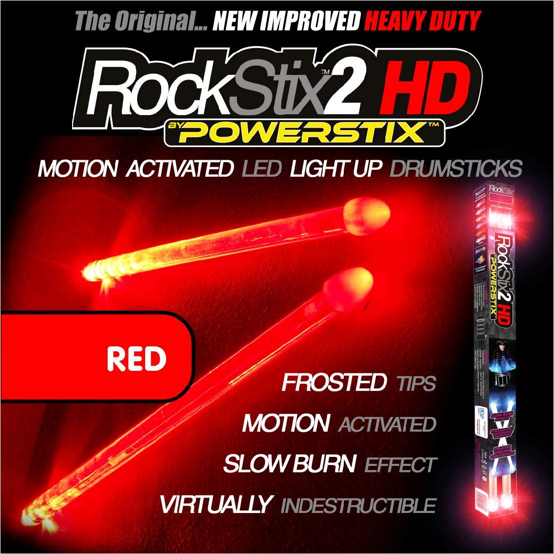 Rockstix 2 Hd Red, Bright Led Light Up Drumsticks, With Fade Effect, Set Your Gi