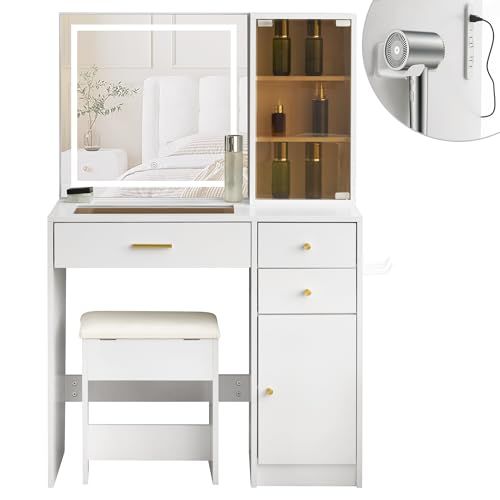 ドレッサー 化粧台 椅子付き【女優ミラー・3色LEDライト】明るさ調整