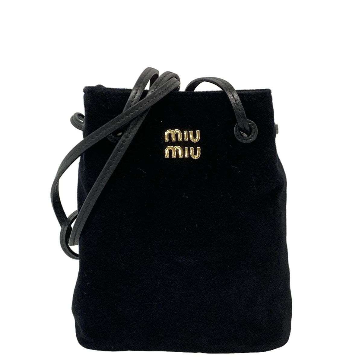 miu miu 黒 レザー 巾着型 ハンドバッグ miumiu(ミュウミュウ) ショルダーバッグ美品 - 黒 巾着型 レザー