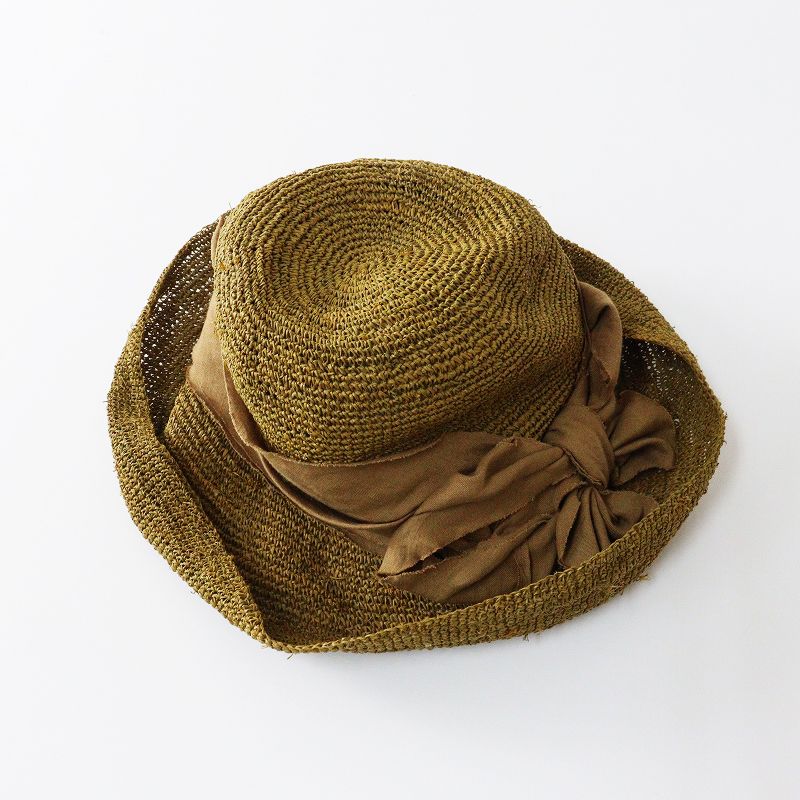 カシラ CA4LA リネンリボン付き ラフィアハット＼カーキ 麦わら帽子