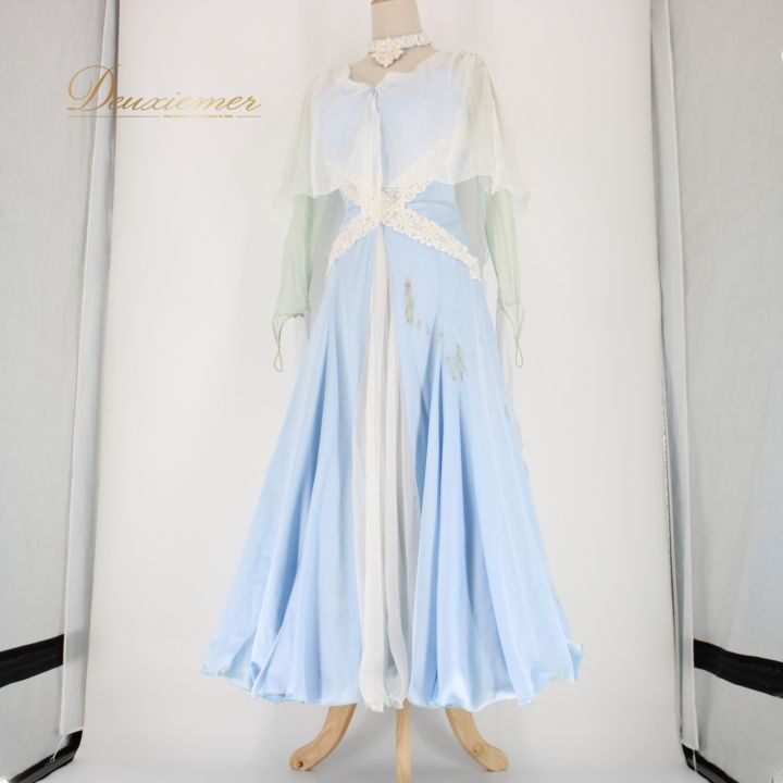 社交ダンスドレス スタンダードモダン オフホワイト+ブルー系ライン