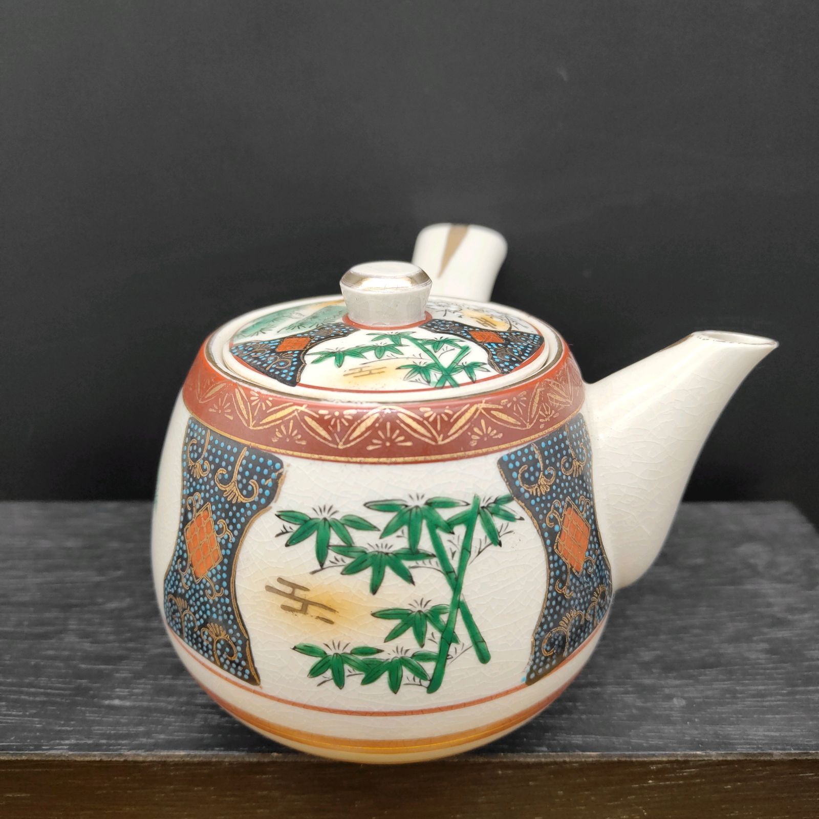 九谷焼 陶秀 青粒 松竹梅 煎茶器揃 手描き 急須 蓋付き碗 茶托 盆