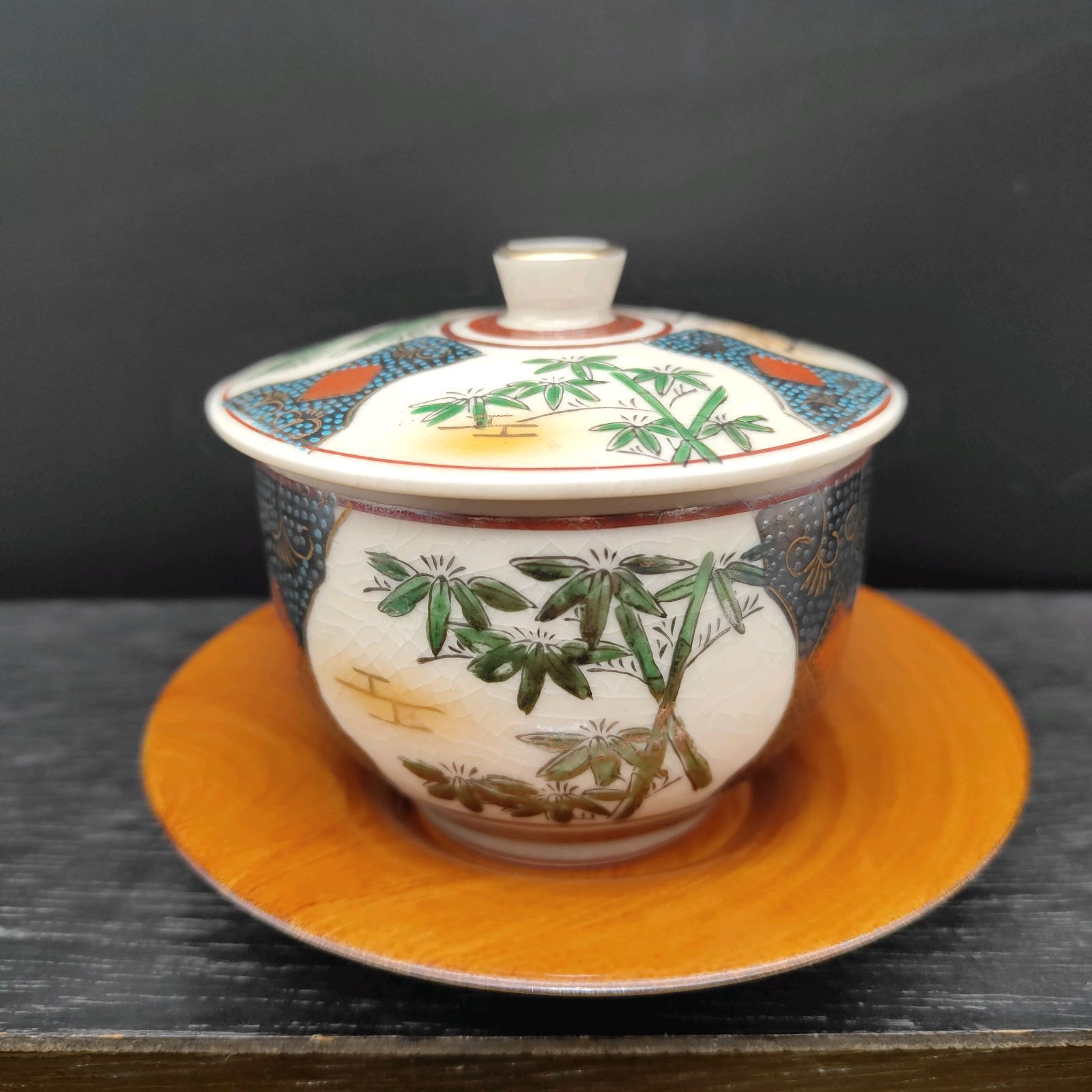 九谷焼 陶秀 青粒 松竹梅 煎茶器揃 手描き 急須 蓋付き碗 茶托 盆