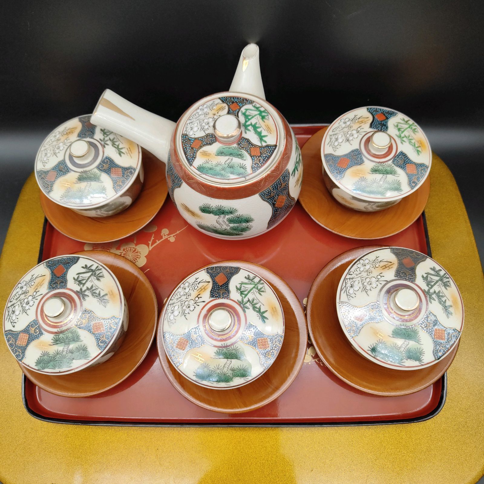 アンティーク九谷焼煎茶器セット＊春慶半月盆付き アンティーク九谷焼