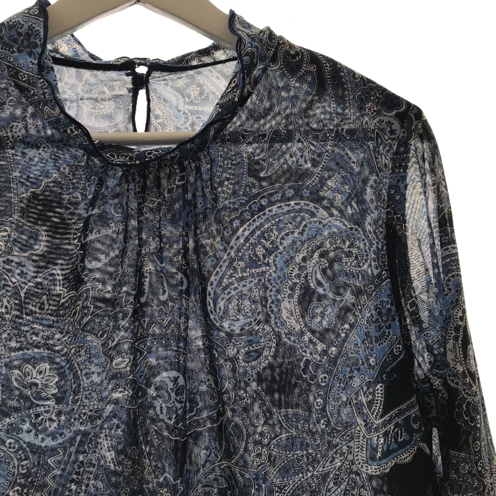 leilian ペイズリー柄 パワーネット 七分袖 トップス 13+ ブルー