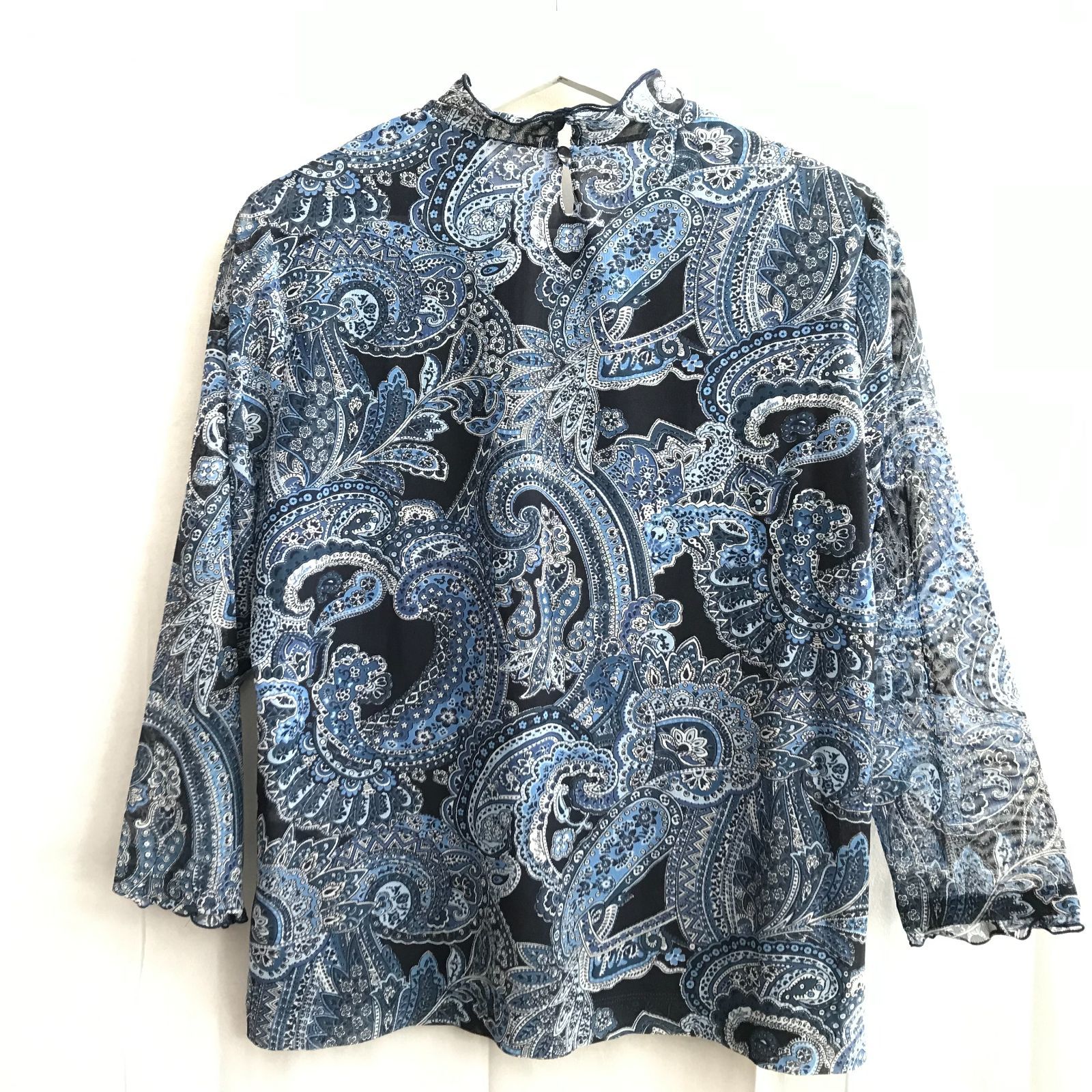 新品 BALMAIN×Leilian ペイズリー柄 長袖 カットソー 13号 leilian ペイズリー柄 パワーネット 七分袖 トップス 13+ ブルー