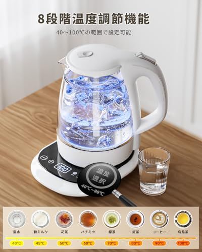 自動保温機能付き電気ポット 1.0L シルバー ハゴオギ (HAGOOGI) 電気ケトル ガラス ケトル 【8段階温調＆24時間