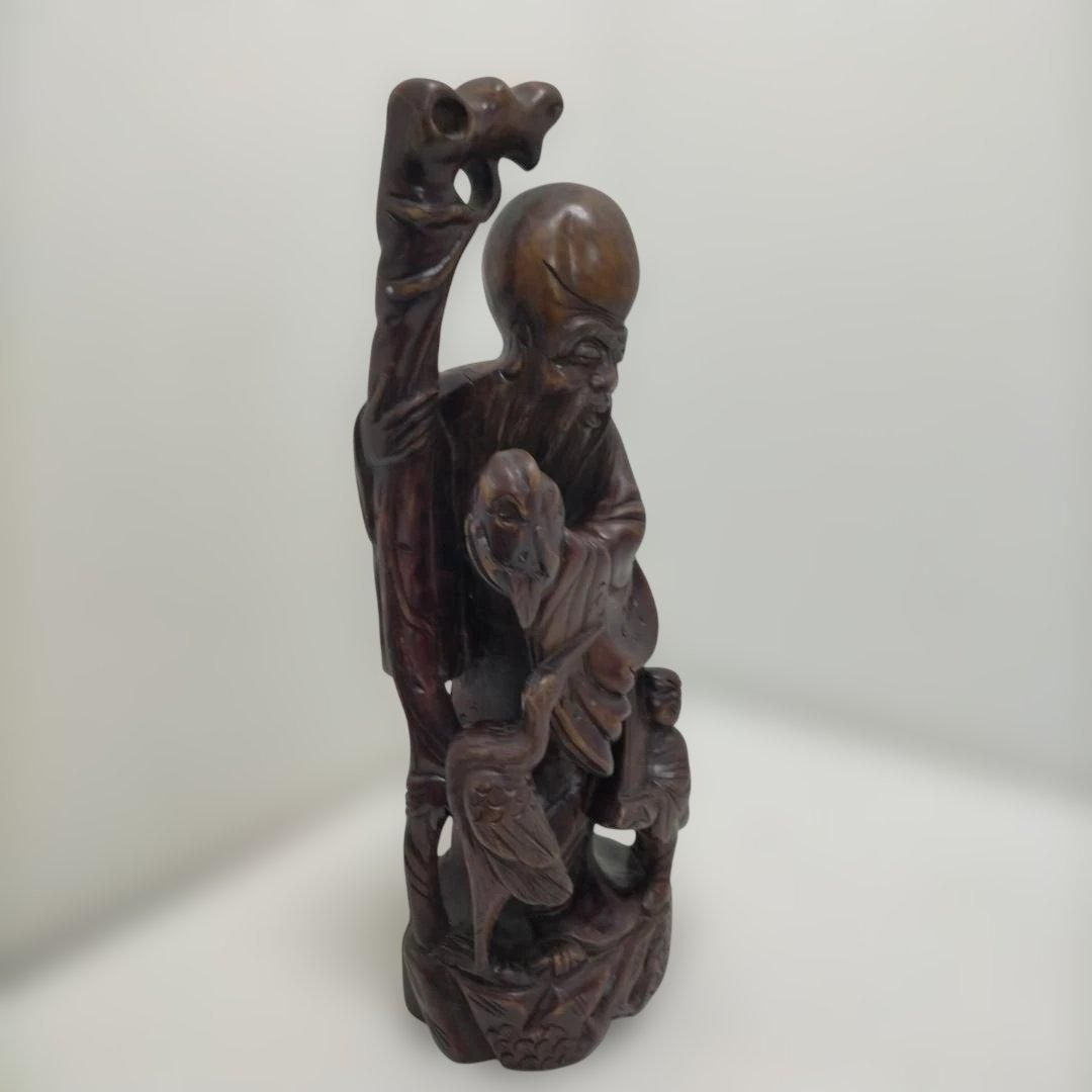 木彫りの福禄寿像 七福神 縁起物 置物 古民家 飾り 和風インテリア 床の間 玄関 商売繁盛 長寿 福徳 鶴 童子 彫刻 オブジェ 260115 2T