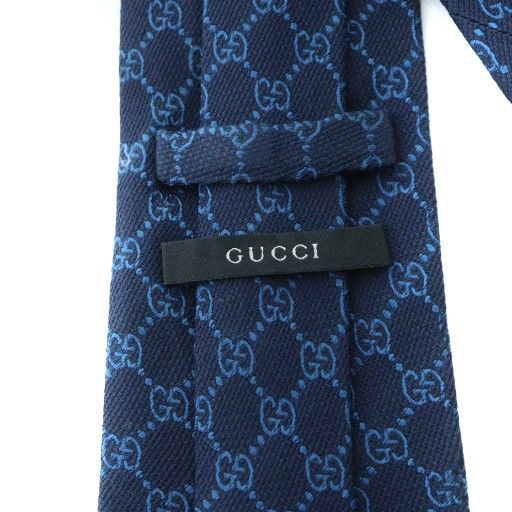 グッチ GUCCI ネクタイ 絹 シルク GG柄 ワイドタイ ロゴ 紺 ネイビー