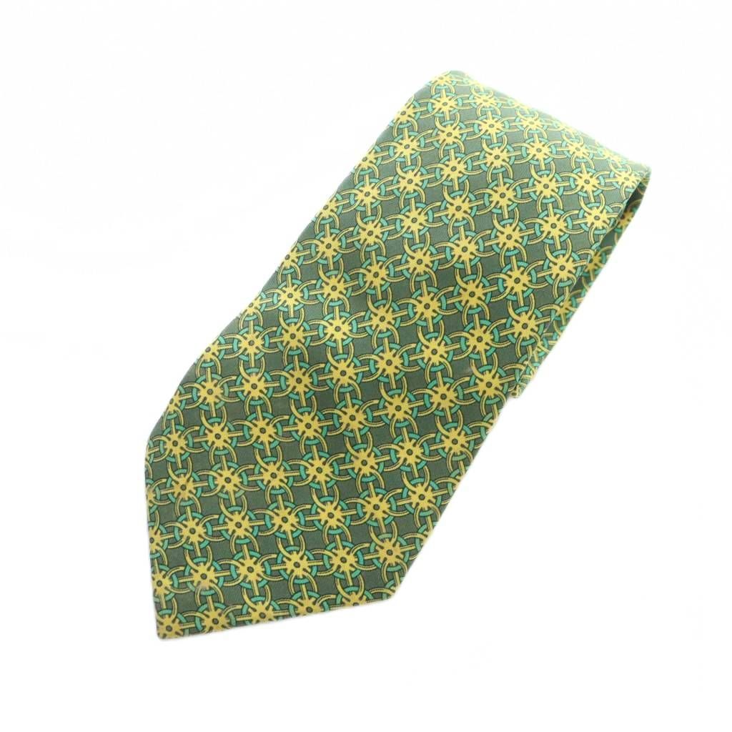 エルメス HERMES ネクタイ 絹 シルク ロゴ 総柄 レギュラータイ 緑