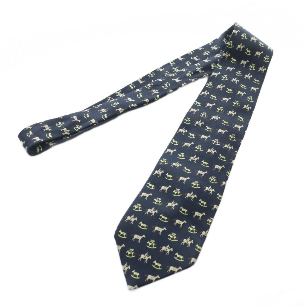 エルメス HERMES ネクタイ 絹 シルク 総柄 馬車 レギュラータイ 紺
