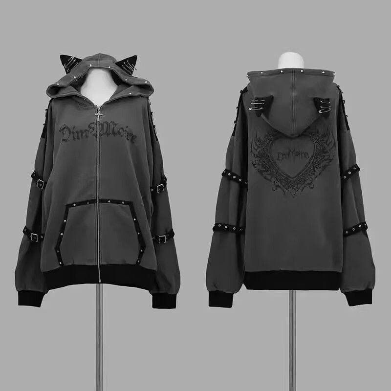 猫耳 パーカー パンク 地雷系 オーバーサイズ 病みかわ グレー 安全