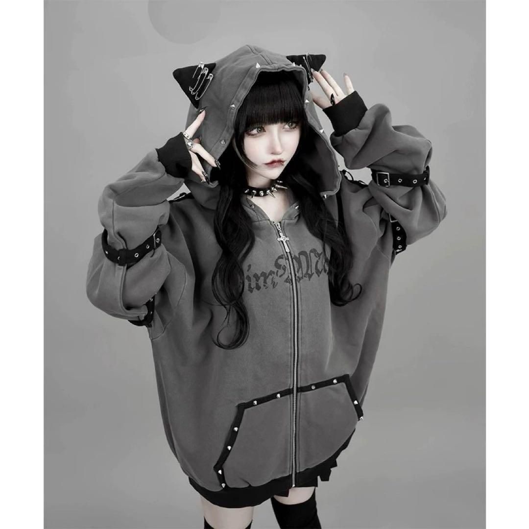 猫耳 パーカー パンク 地雷系 オーバーサイズ 病みかわ グレー 安全