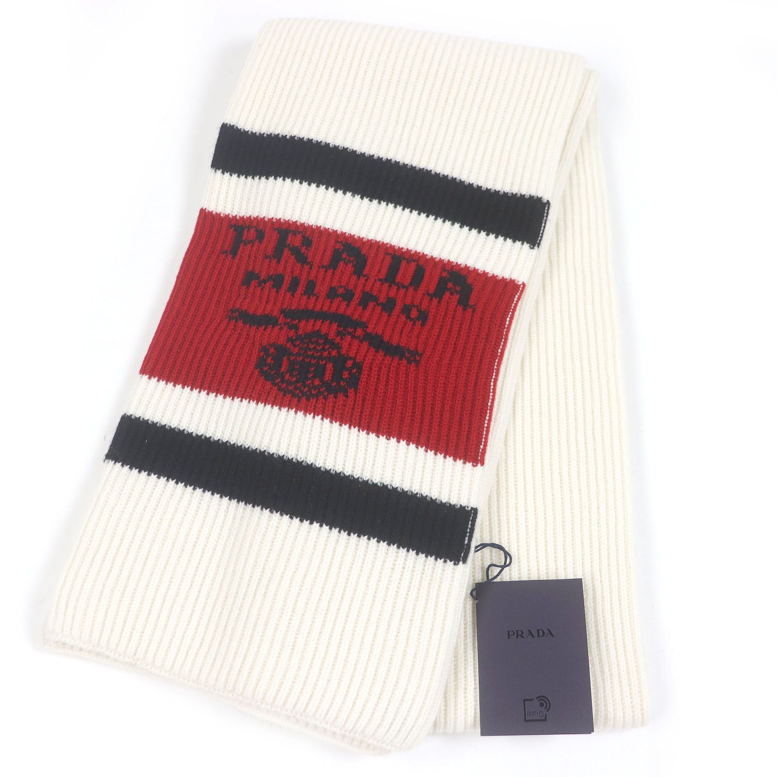 未使用品□PRADA プラダ UMS418 カシミヤ100% ロゴ入り トリコロール 