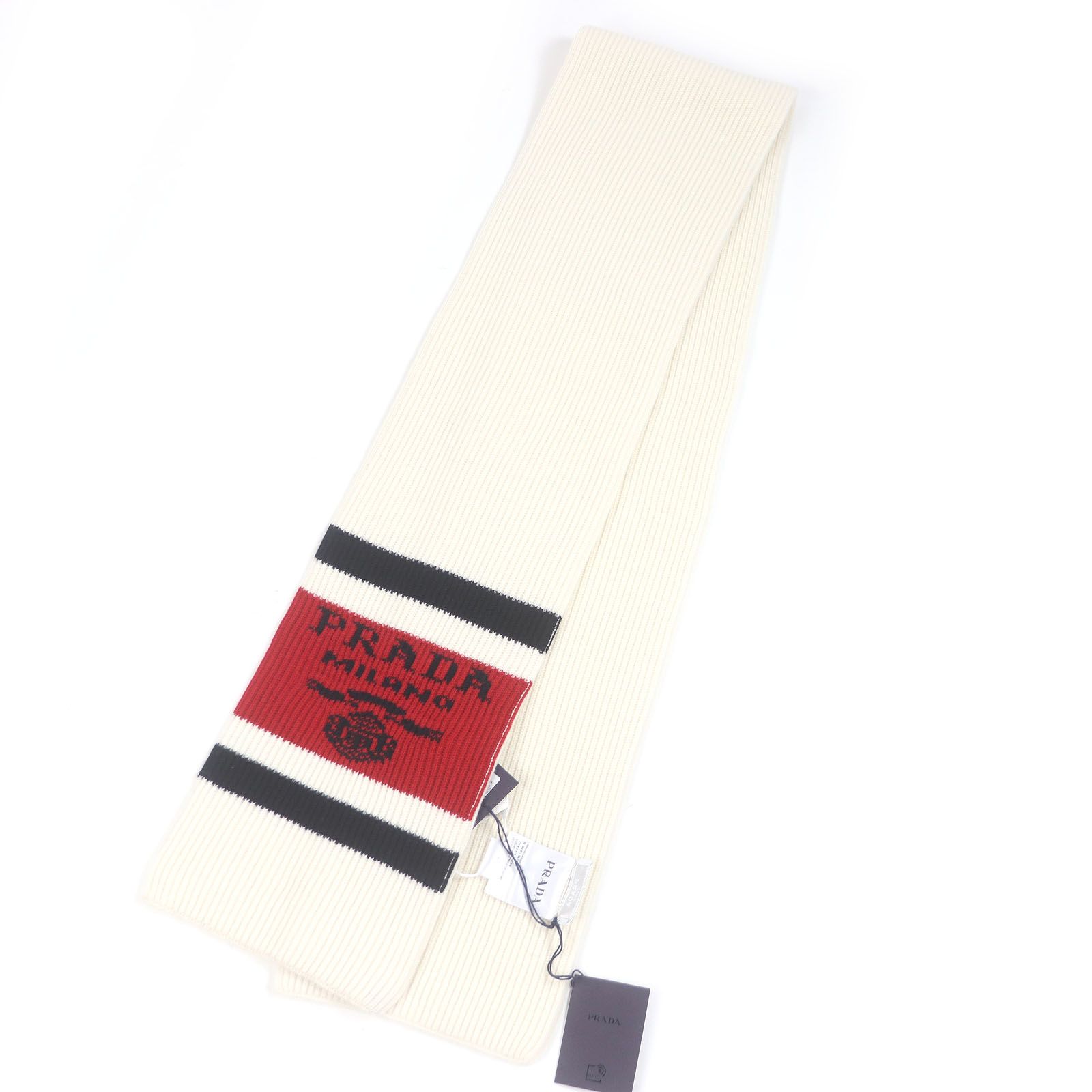 未使用品□PRADA プラダ UMS418 カシミヤ100% ロゴ入り トリコロール 