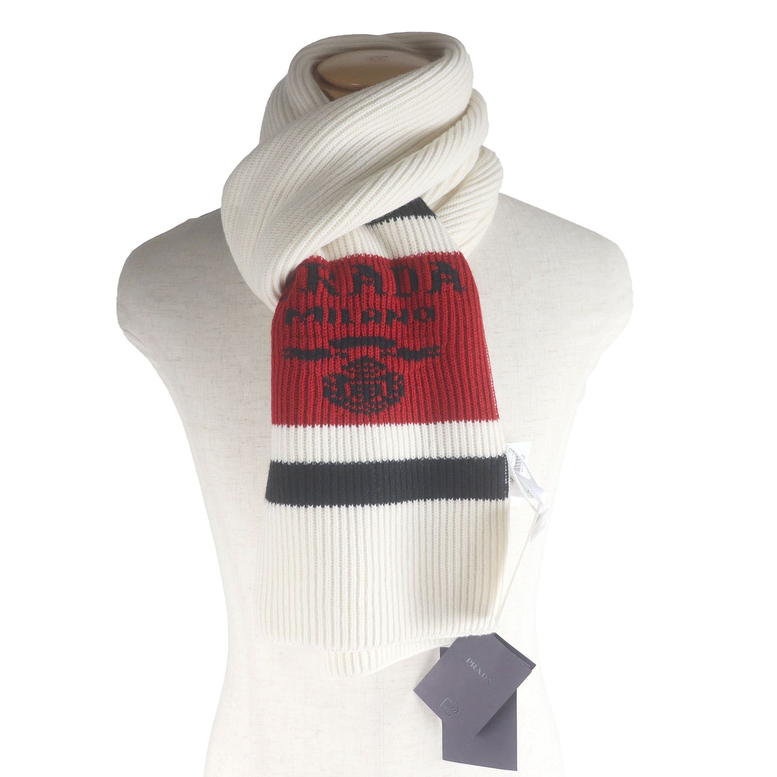 未使用品□PRADA プラダ UMS418 カシミヤ100% ロゴ入り トリコロール 