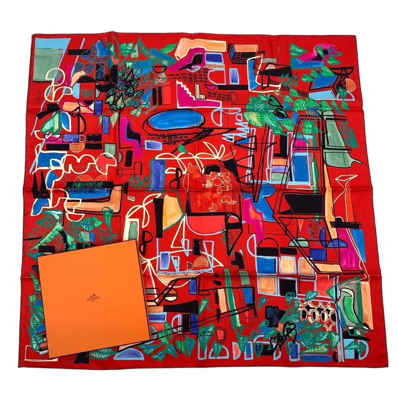 極美品 エルメス HERMES カレ90 スカーフ 熱帯のモダニズム 箱付 新品同様 HERMES エルメス カレ90 シルク スカーフ Modernisme