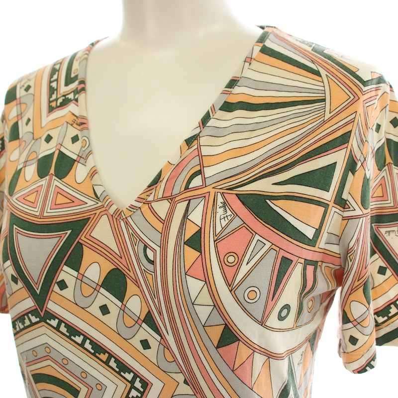 EMILIO PUCCI エミリオプッチ　Tシャツ　カットソー　プッチ柄 XS エミリオプッチ EMILIO PUCCI カットソー Vネック Tシャツ 半袖 総柄