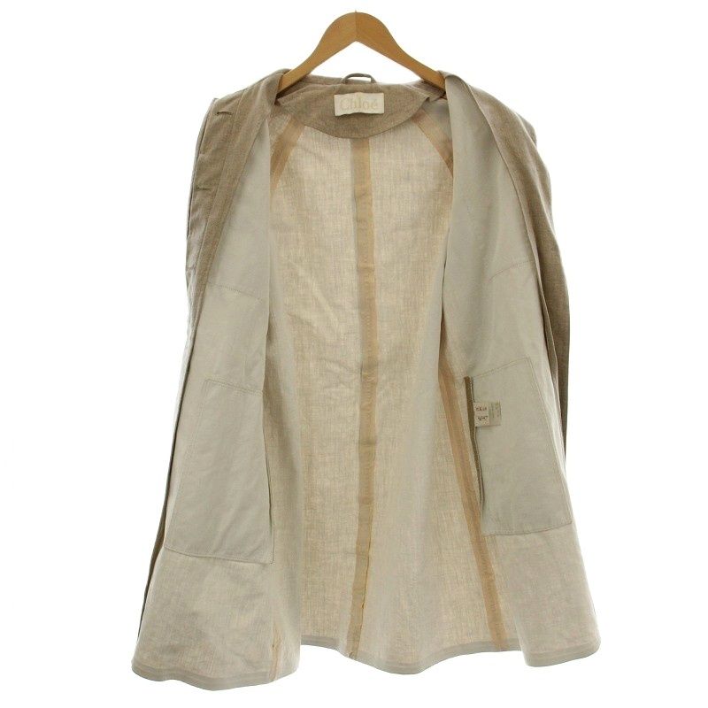 上質☆Chloé クロエ ノーカラージャケット コットン リネン混 裏地シルク クロエ CHLOE リネン混 ステンカラーコート ロング 34 生成り ベージュ