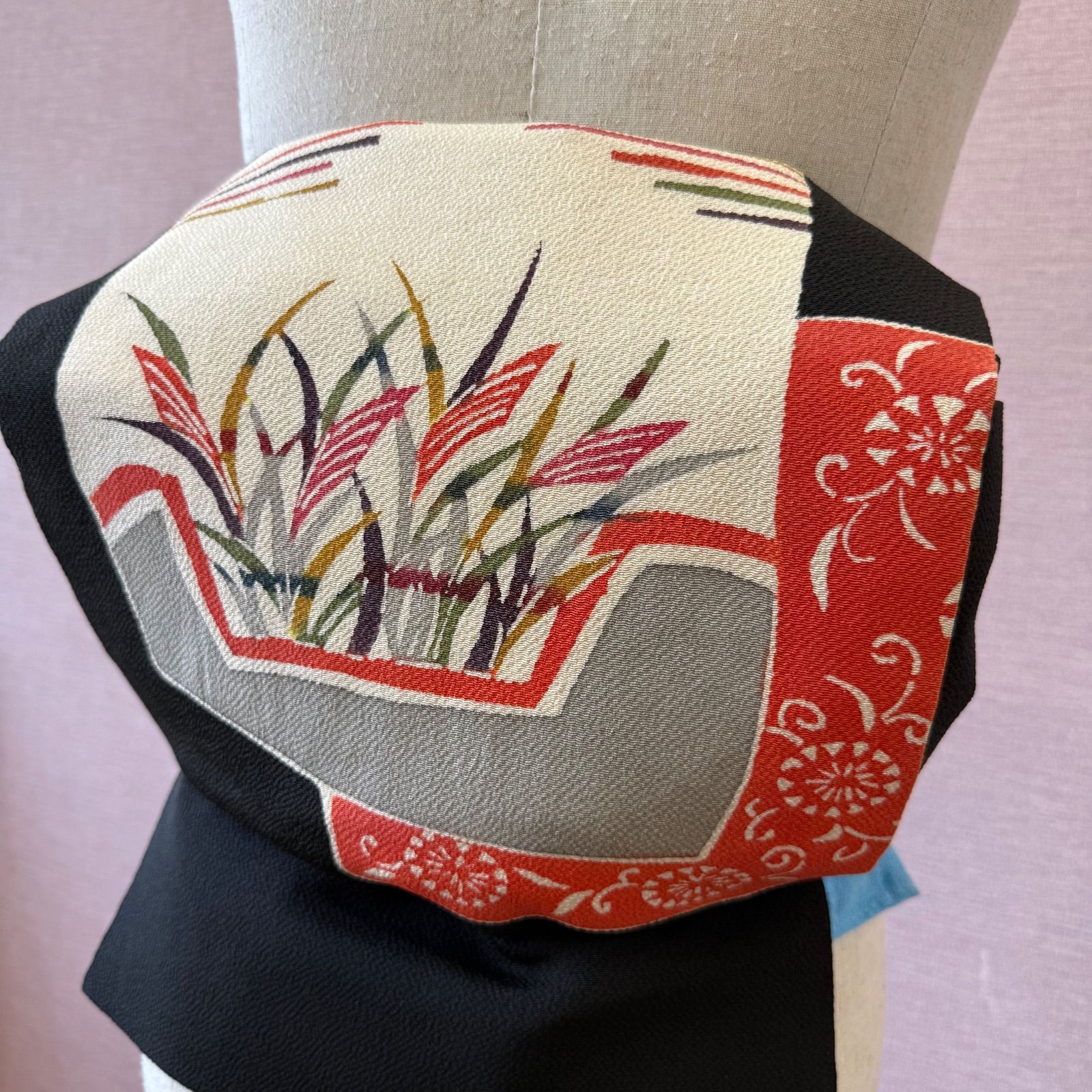 名古屋帯 帯 着物 九寸 お太鼓柄 黒 型染め 草花 n-901 - メルカリ