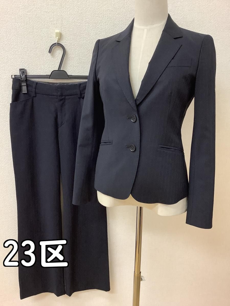 23区 セットアップ パンツスーツ ネイビー ストライプ 総裏 上34下 32