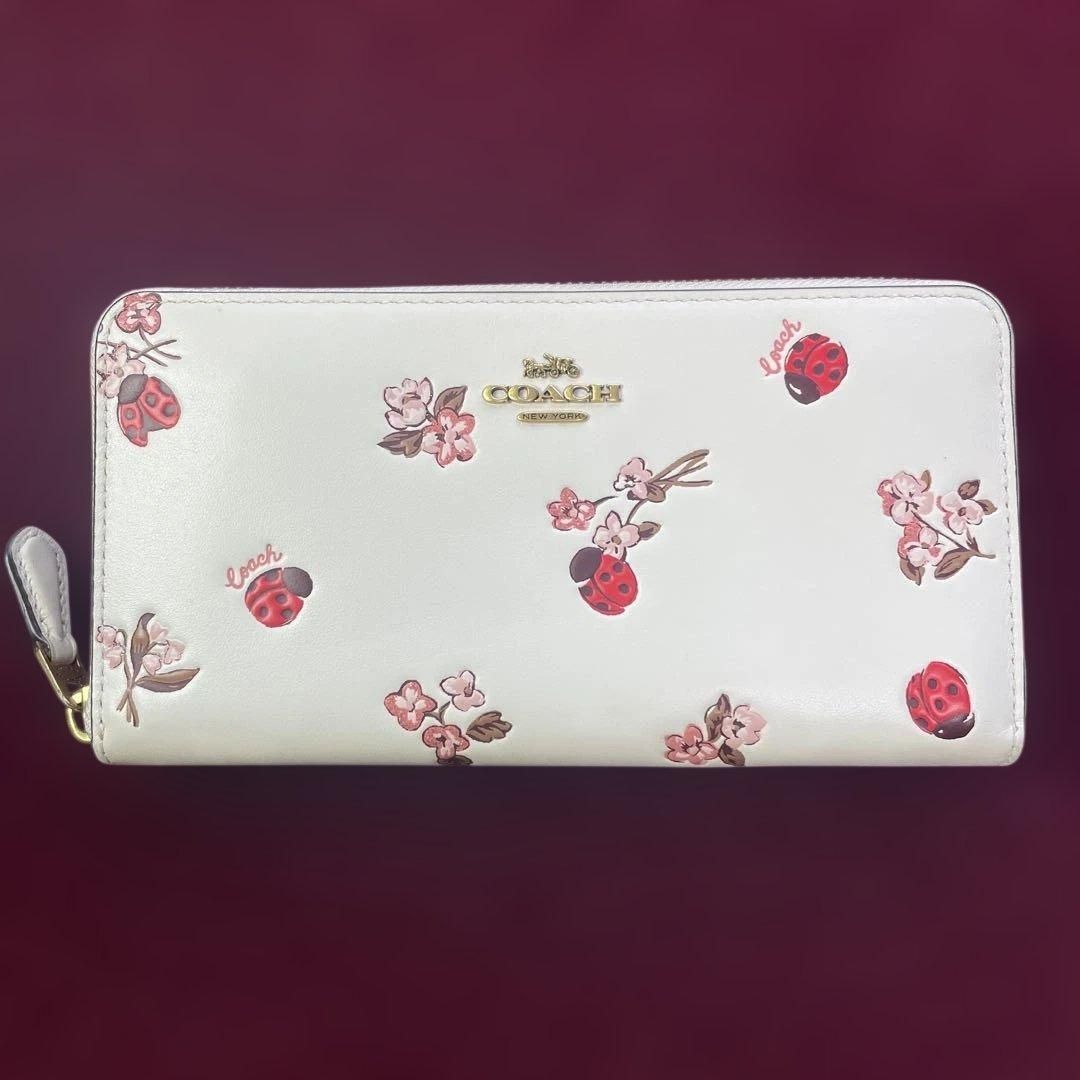 極美品】 COACH コーチ 花柄 てんとう虫 長財布 ラウンドファスナー 美