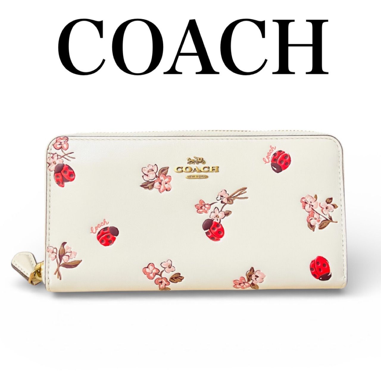COACH 長財布 てんとう虫 花柄 ラウンドファスナー 極美品】 COACH コーチ 花柄 てんとう虫 長財布 ラウンドファスナー 美