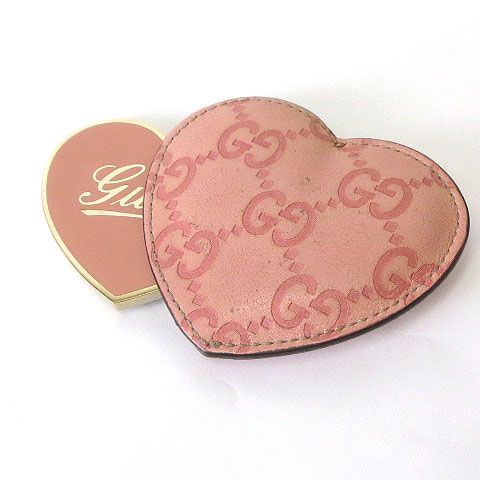 グッチ GUCCI コンパクトミラー ハート型 手鏡 GG シマ レザー ケース