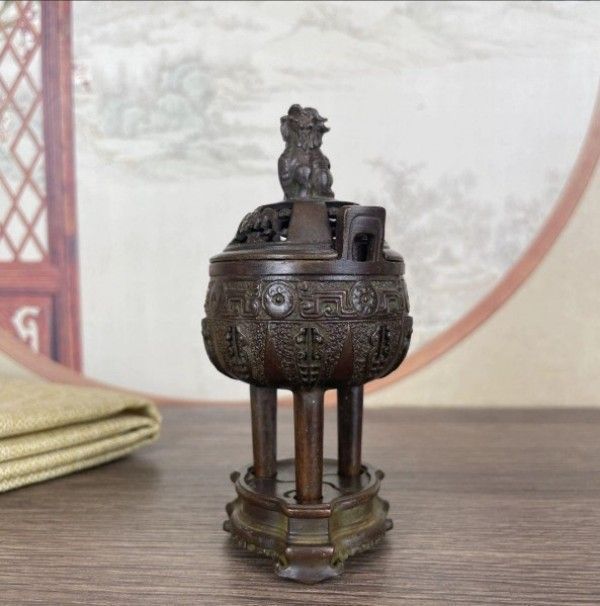 新品】銅器 香炉 双耳三足鼎 瑞獣獅子香炉 薫香炉 茶道 置物 装飾品
