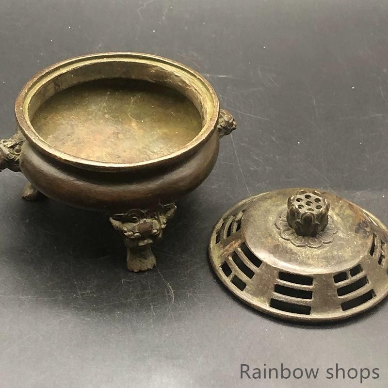 新品未使用】銅器 三足双獅頭香炉 蓮華蓋薫香炉 茶道薫香炉 装飾品