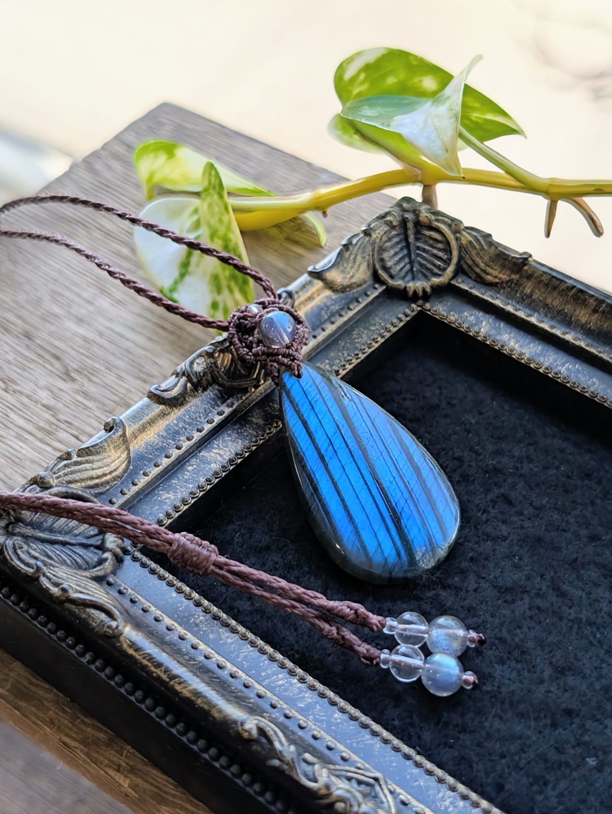 ☆ストライプブルー☆ラブラドライト☆マクラメ編みネックレス 509